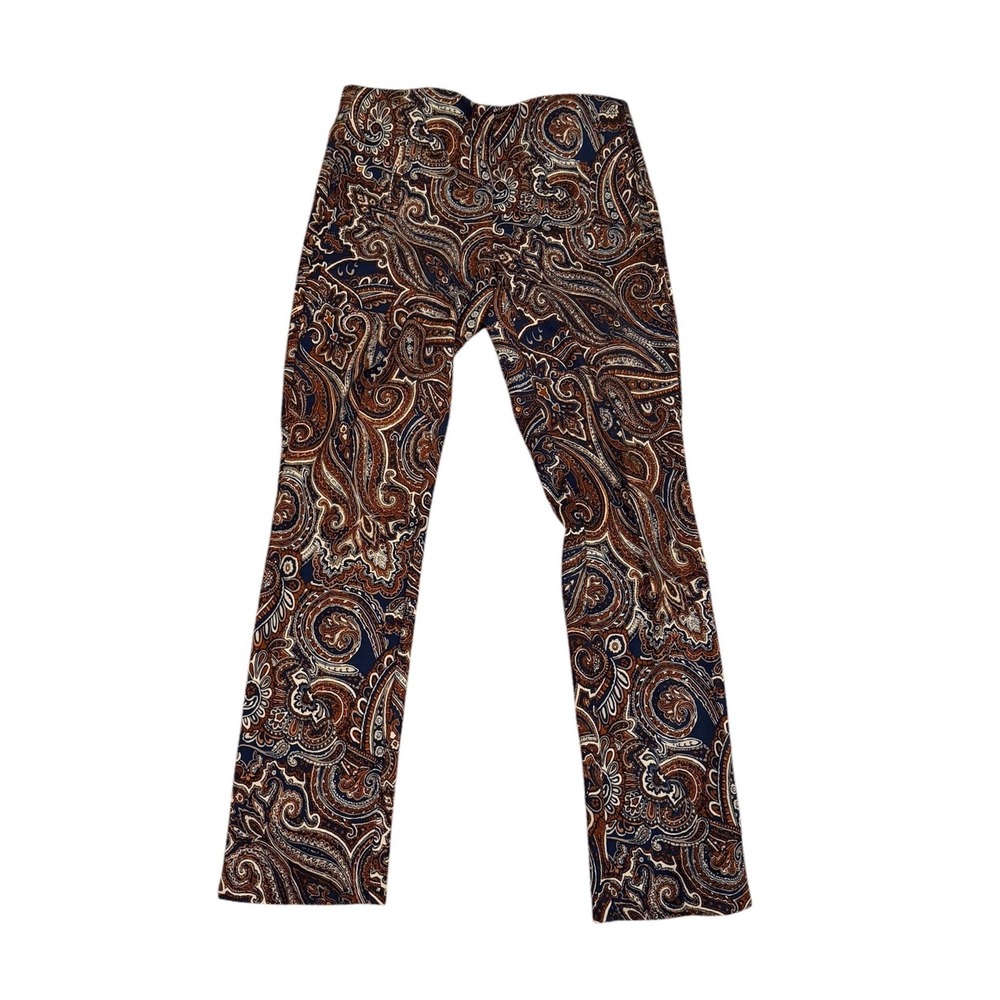 Chicos Paisley Print Pull On Pants Navy Blue Brown Straight Leg Size 00 US 2